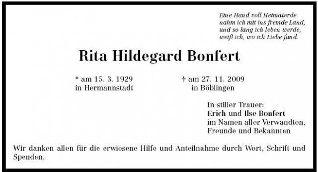 Bonfert Rita Hildegard 1929-2009 Todesanzeige